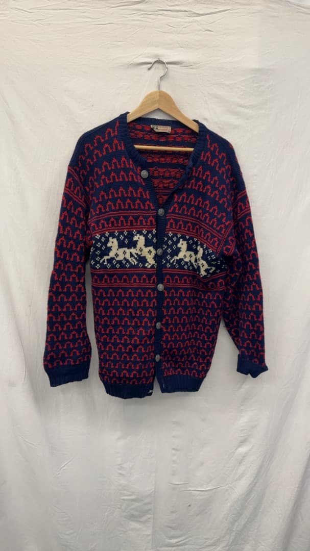 Vossknit Navy and Red Wool Cardigan